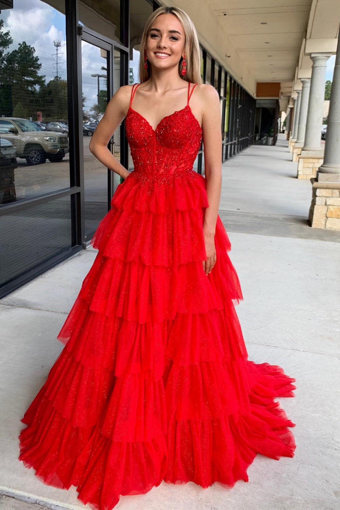 Tiered Ruffle Appliques Corset Long Prom Dress