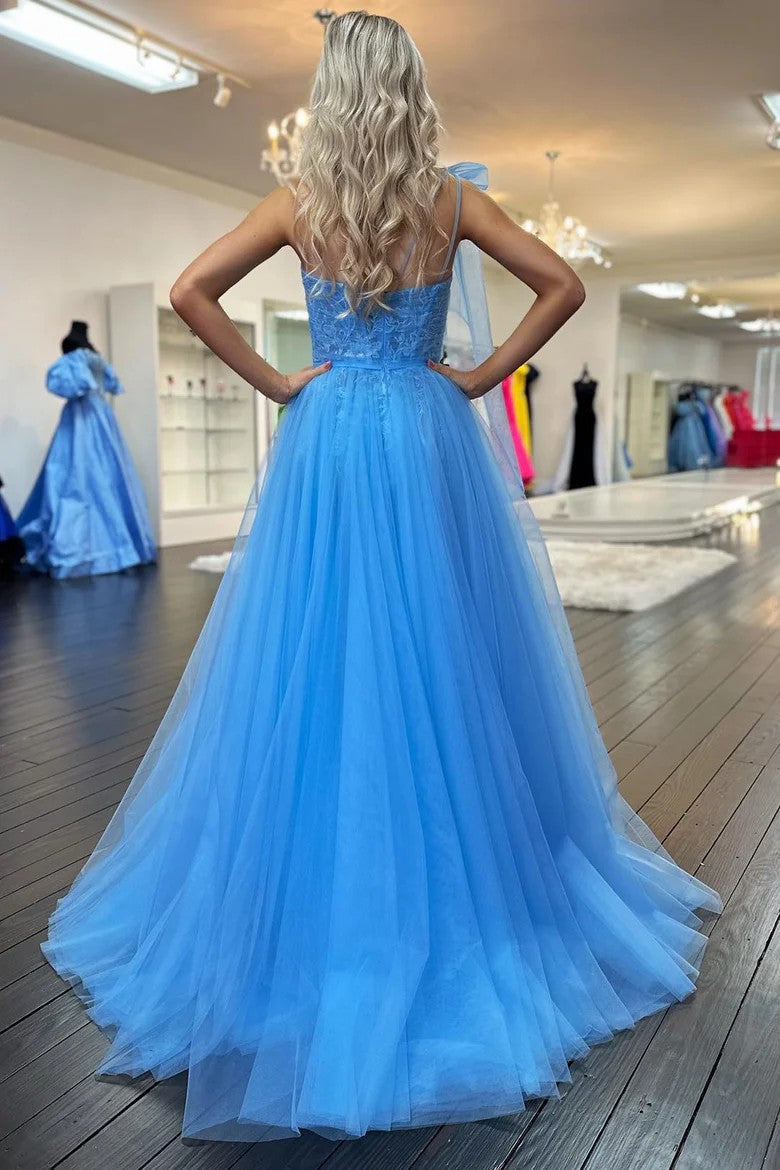 Elegant Sky Blue One-Shoulder Lace and Tulle Ball Gown with Bow