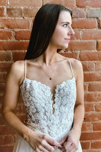 White Appliques Spaghetti Strap Backless Long Wedding Dress