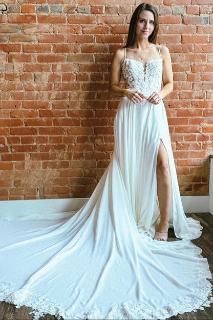 White Appliques Spaghetti Strap Backless Long Wedding Dress