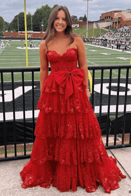 Strapless A-Line Sequins Appliques Tiered Long Prom Dress