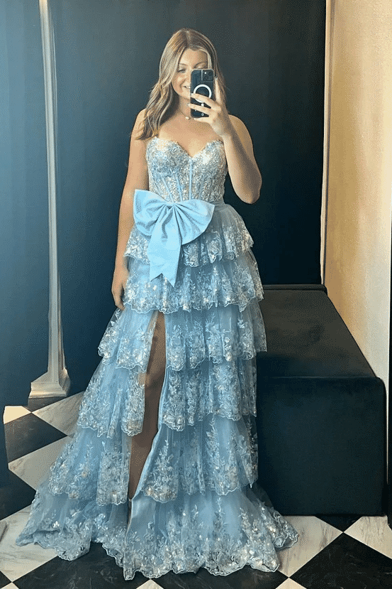 Strapless A-Line Sequins Appliques Tiered Long Prom Dress