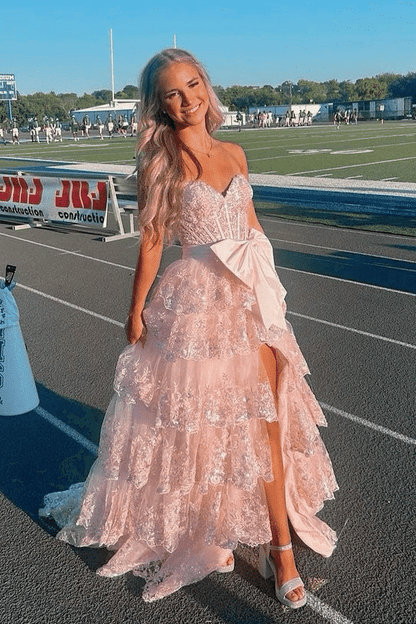 Strapless A-Line Sequins Appliques Tiered Long Prom Dress