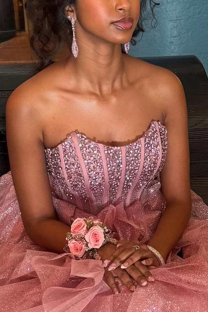 A-Line Strapless Beads Empire-Waist Layered Long Formal Prom Dress