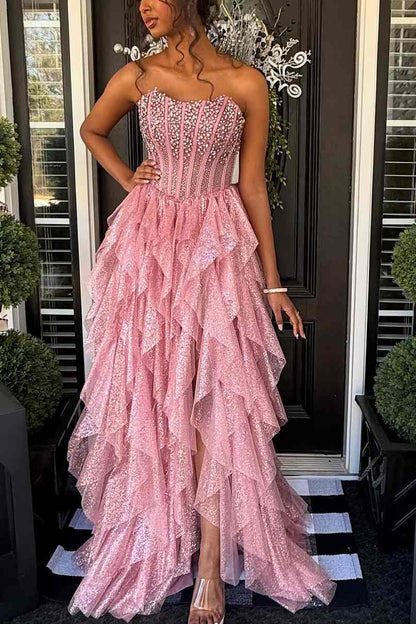 A-Line Strapless Beads Empire-Waist Layered Long Formal Prom Dress
