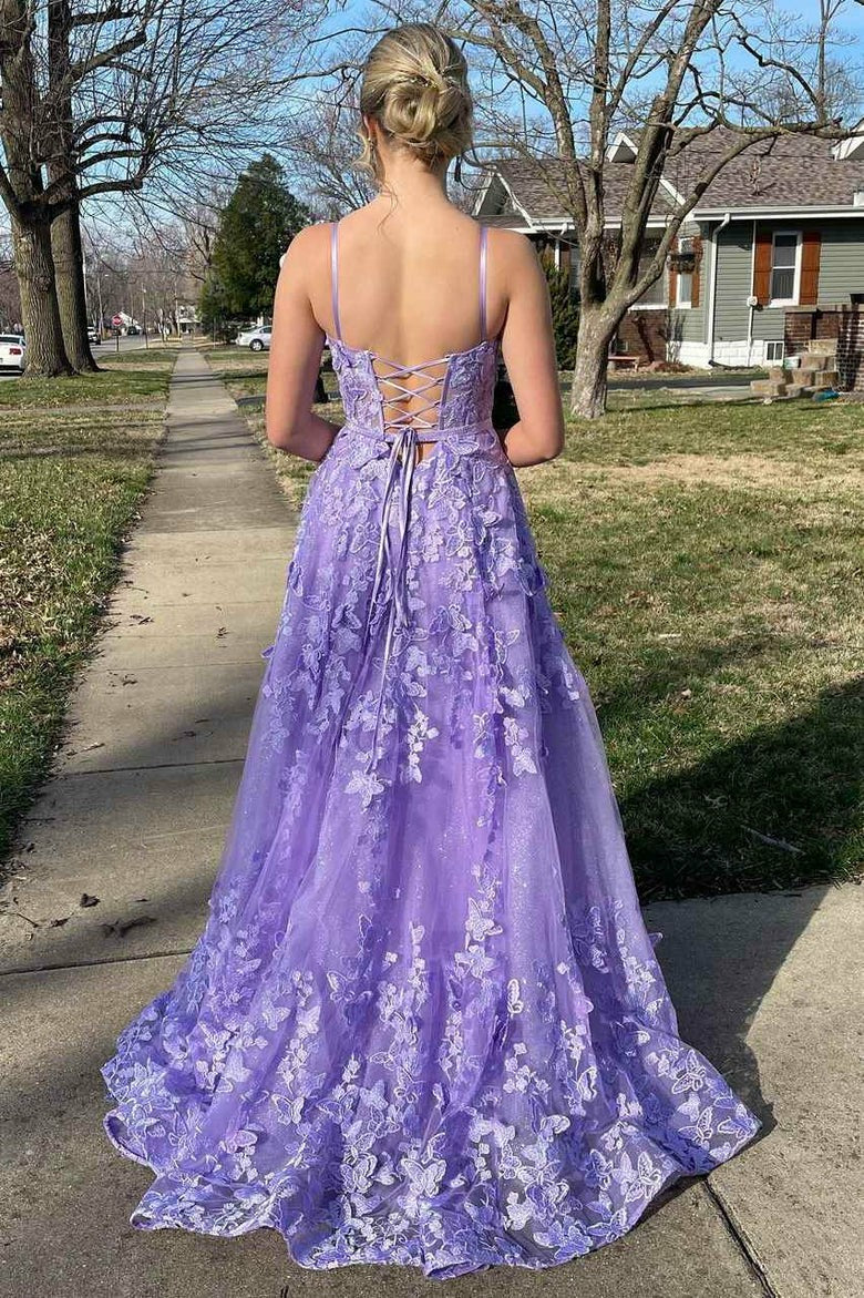 Lavender Sleeveless A-Line Prom Gown with 3D Floral Appliques