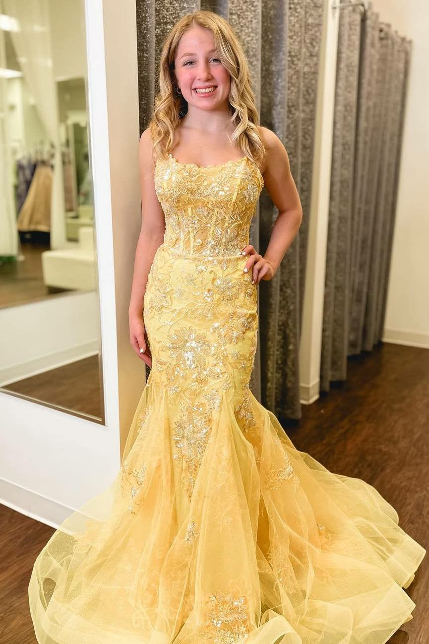 Lumidress Yellow Mermaid Evening Prom Dress with Appliques and Sweep Train