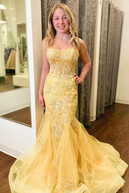 Lumidress Yellow Mermaid Evening Prom Dress with Appliques and Sweep Train