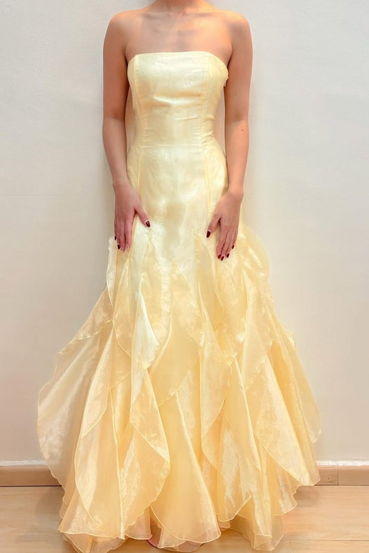 Yellow Strapless Scoop Neck Ruffles Sleeveless Formal Prom Dress