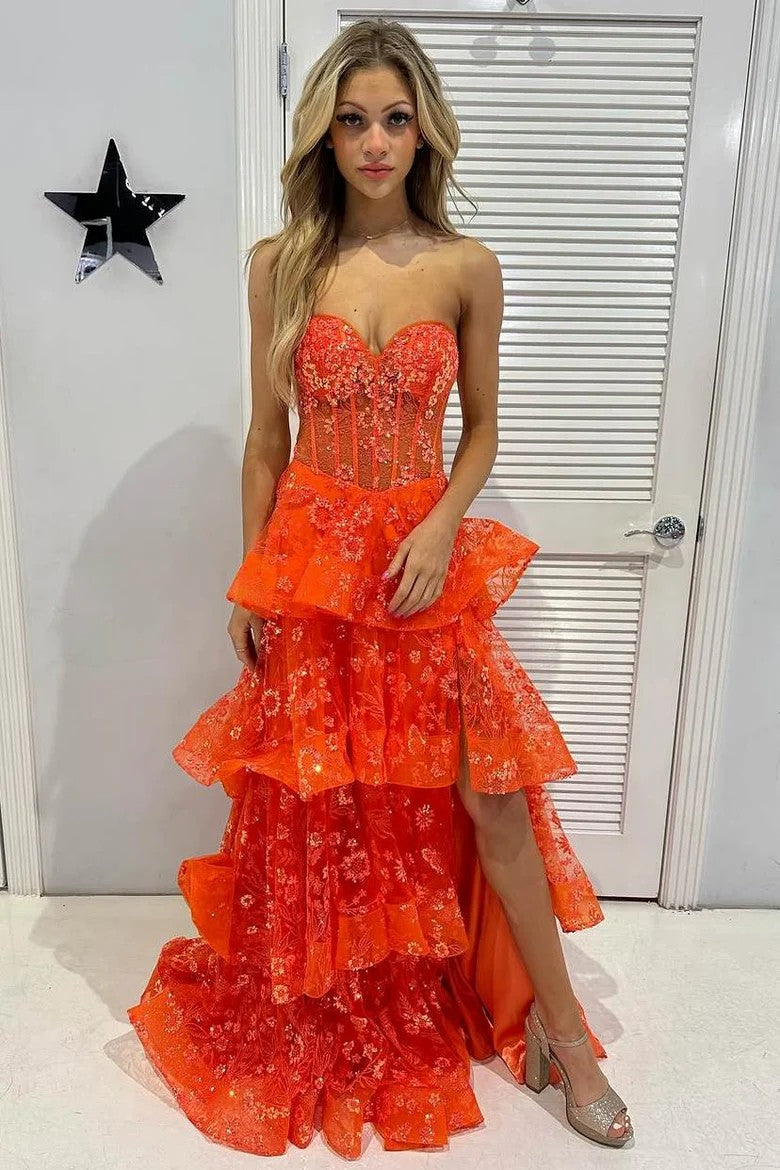 Orange Strapless Sweetheart Prom Dress with Layered Tulle and Appliqué Slit