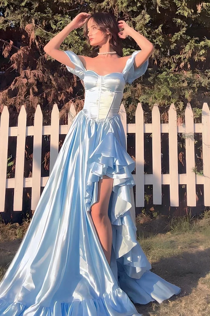 Classy Blue A-Line Empire-Waist Satin Ruffles Formal Prom Dress