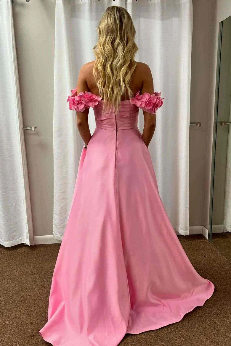 Lumidress Elegant Pink Off-Shoulder Satin A-Line Prom Dress with Pleated Detail