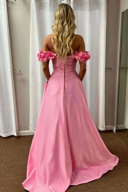 Lumidress Elegant Pink Off-Shoulder Satin A-Line Prom Dress with Pleated Detail