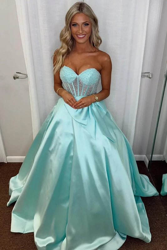 Aqua Strapless Sweetheart Ball Gown with Beaded Bodice & Satin Skirt