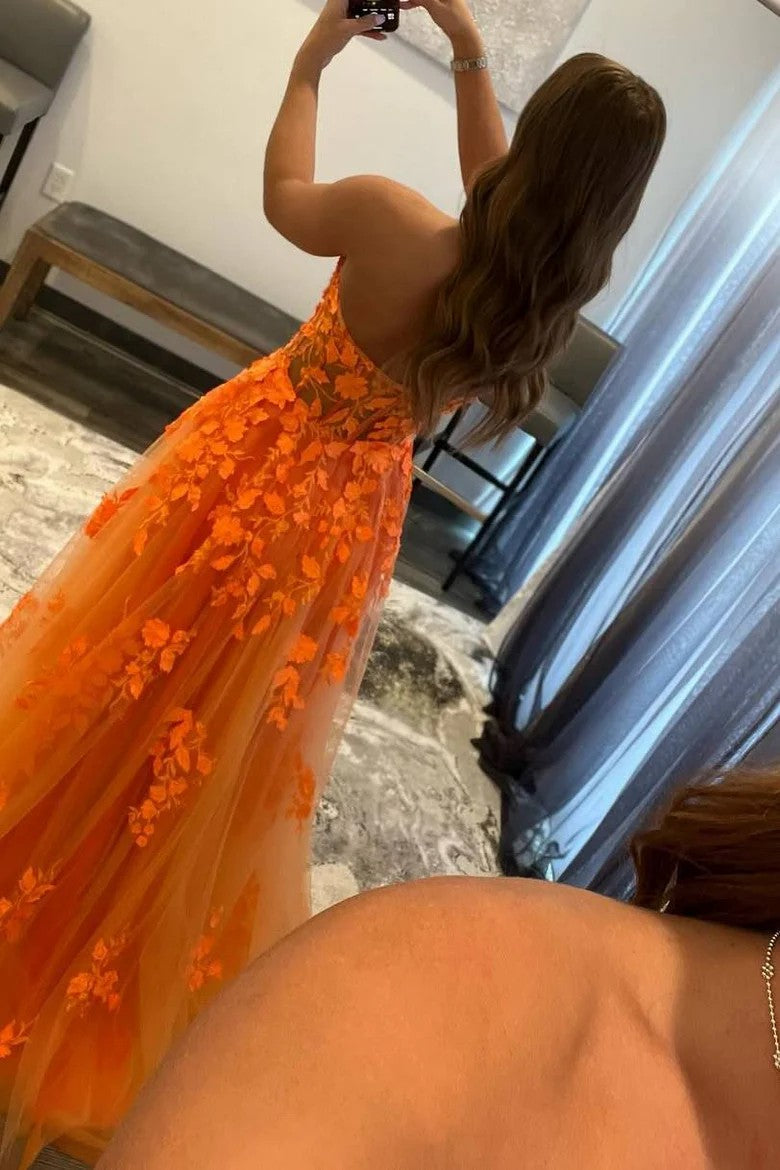 Elegant Orange Strapless A-Line Tulle Prom Dress with Applique Details