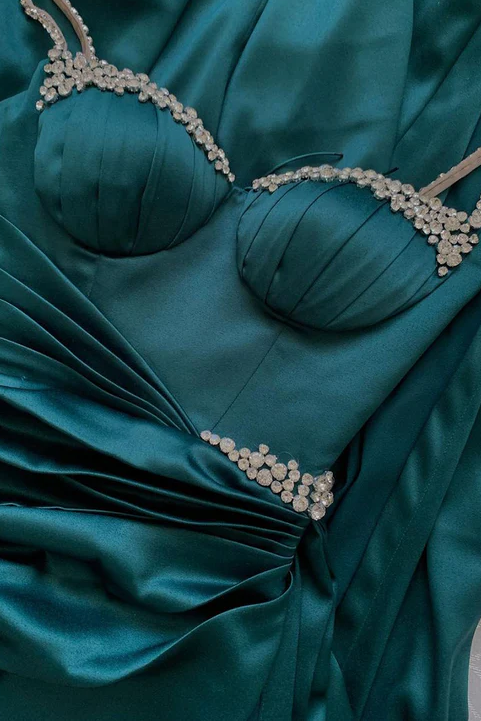 Green Spaghetti Straps Beads Pleated Side Slit Formal Prom Dress