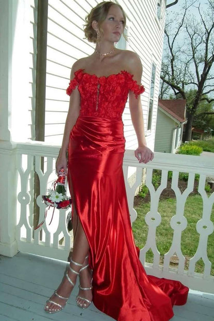 Off-Shoulder Red Appliques Pleated Side Slit Long Prom Dress