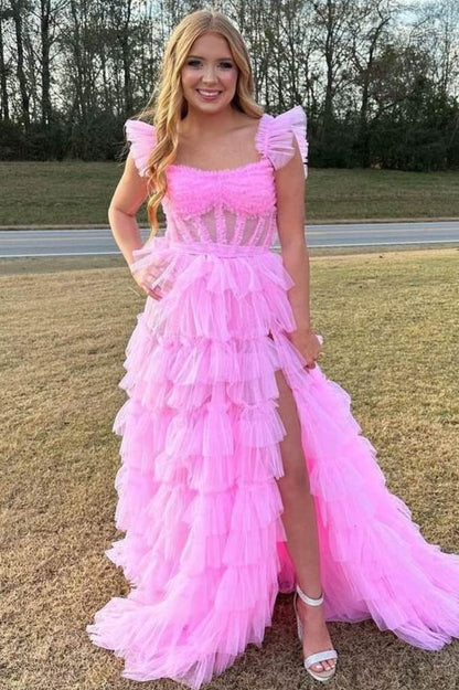 A-Line Ruffles Tulle Empire-Waist Sleeveless Prom Formal Dress with Slit