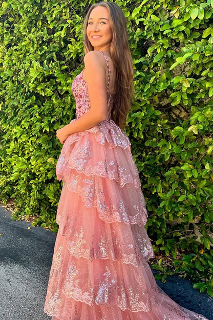 Spaghetti Straps A-Line V-Neck Tiered Princess Prom Dress with Appliques