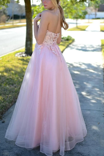 Pink Strapless Sweetheart Appliques A-Line Sleeveless Prom Dress