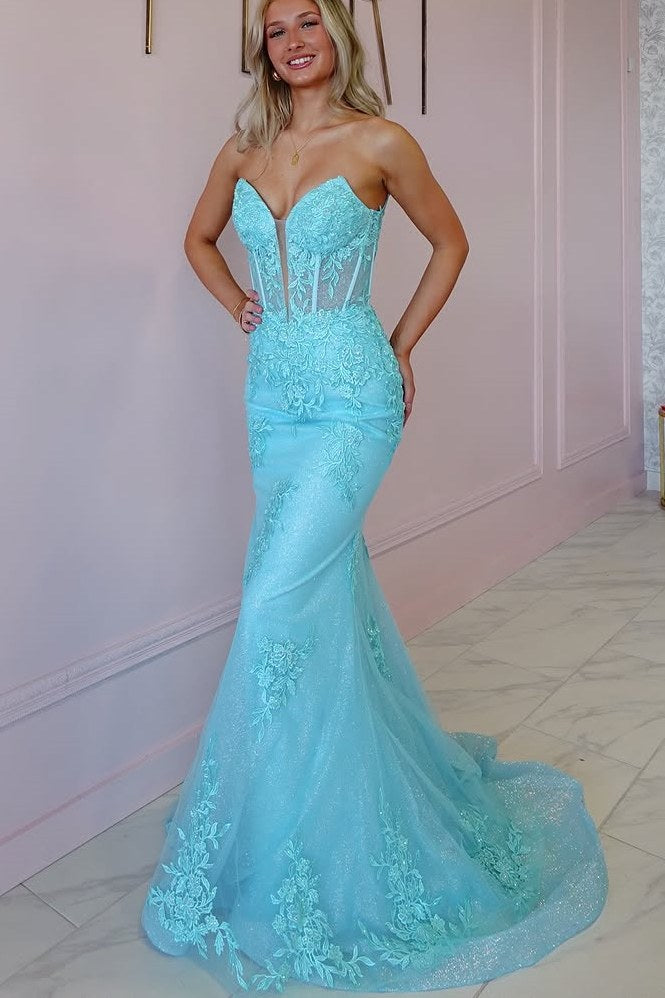 Strapless V-Neck Mermaid Lace Appliques Sleeveless Prom Dress