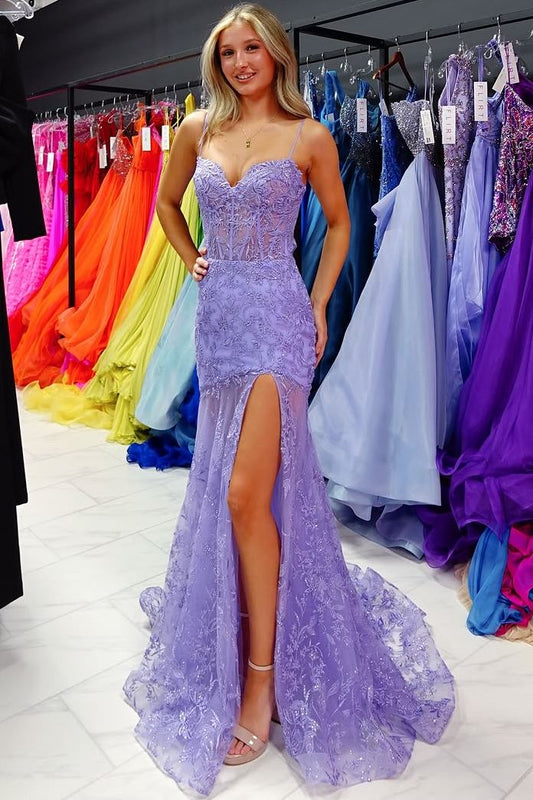 Spaghetti Straps Sweetheart Lace Appliques Mermaid Prom Dress