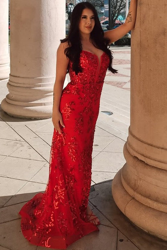 Red Spaghetti Straps V-Neck Mermaid Long Prom Dress