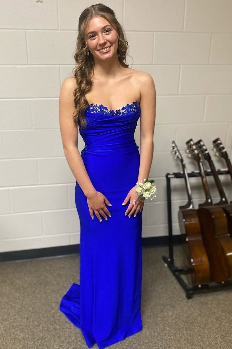 Royal Blue Strapless V-Neck Sheath Sleeveless Pleats Prom Dress