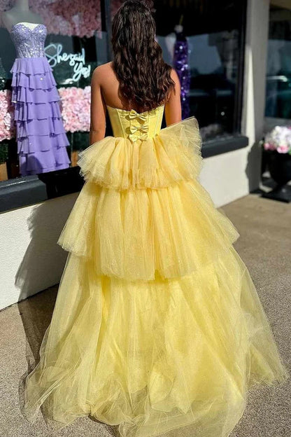 Strapless V-Neck Tiered Glitter Tulle Ball Gown Prom Dress