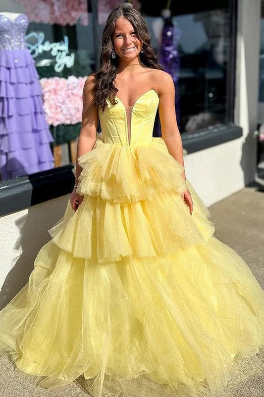 Strapless V-Neck Tiered Glitter Tulle Ball Gown Prom Dress