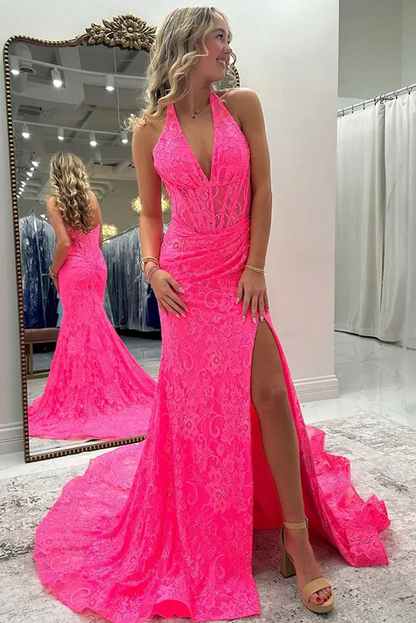 Pink Halter V-Neck Lace Pleats Side Slit Mermaid Prom Dress with Train