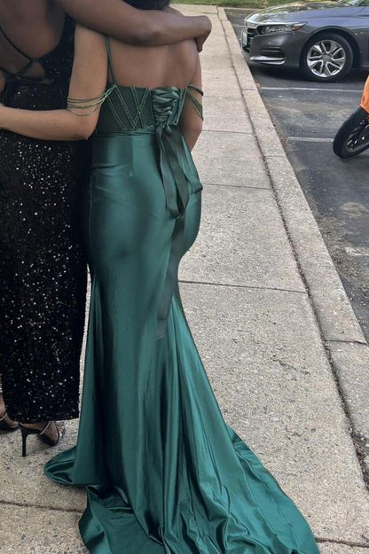 Spaghetti Straps V-Neck Pleats Mermaid Satin Evening Prom Dress