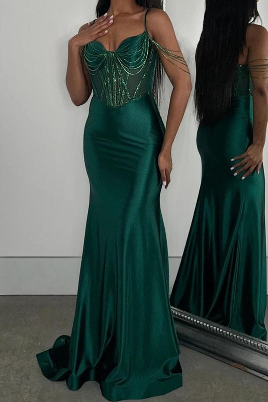 Spaghetti Straps V-Neck Pleats Mermaid Satin Evening Prom Dress