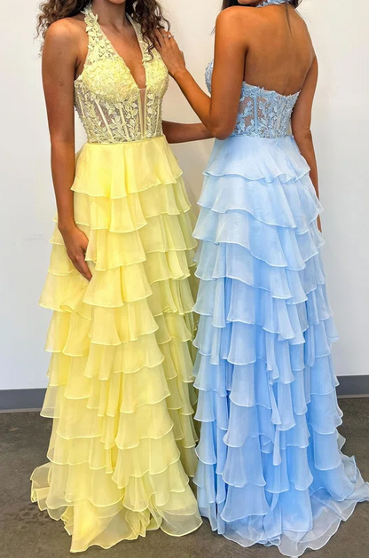 Halter A-Line V-Neck Empire-Waist Layered Chiffon Prom Dress