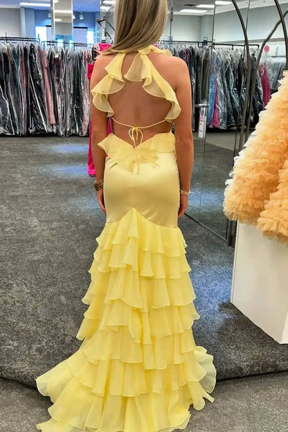 Yellow Halter Ruffles Chiffon V-Neck Mermaid Long Prom Dress with Slit