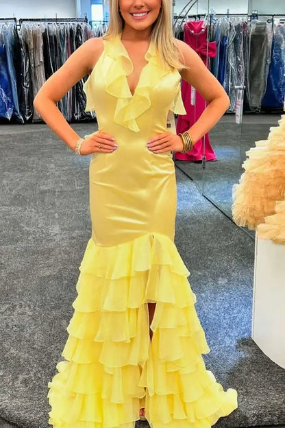 Yellow Halter Ruffles Chiffon V-Neck Mermaid Long Prom Dress with Slit