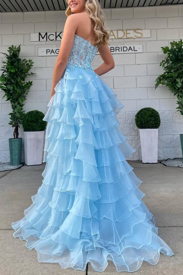 Stunning A-Line Strapless Sweetheart Ruffles Long Prom Dress with Slit