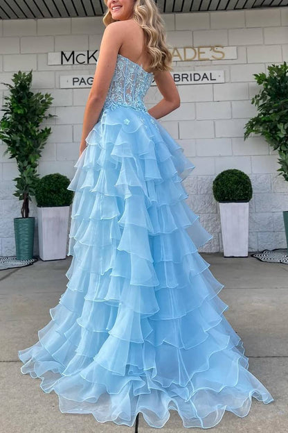 Stunning A-Line Strapless Sweetheart Ruffles Long Prom Dress with Slit