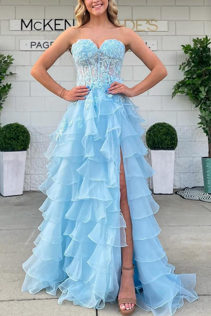 Stunning A-Line Strapless Sweetheart Ruffles Long Prom Dress with Slit