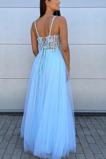 Blue Spaghetti Straps V-Neck Appliques Long Prom Dress with Slit