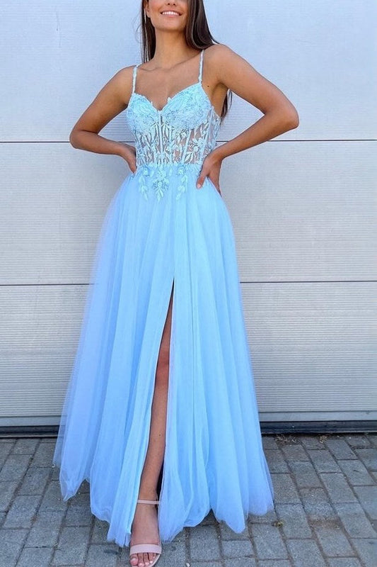 Blue Spaghetti Straps V-Neck Appliques Long Prom Dress with Slit