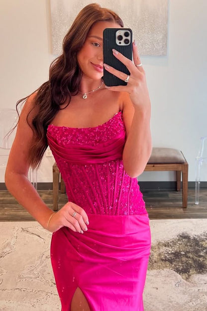 Strapless Scoop Pleats High Slit Mermaid Sleeveless Long Prom Dress