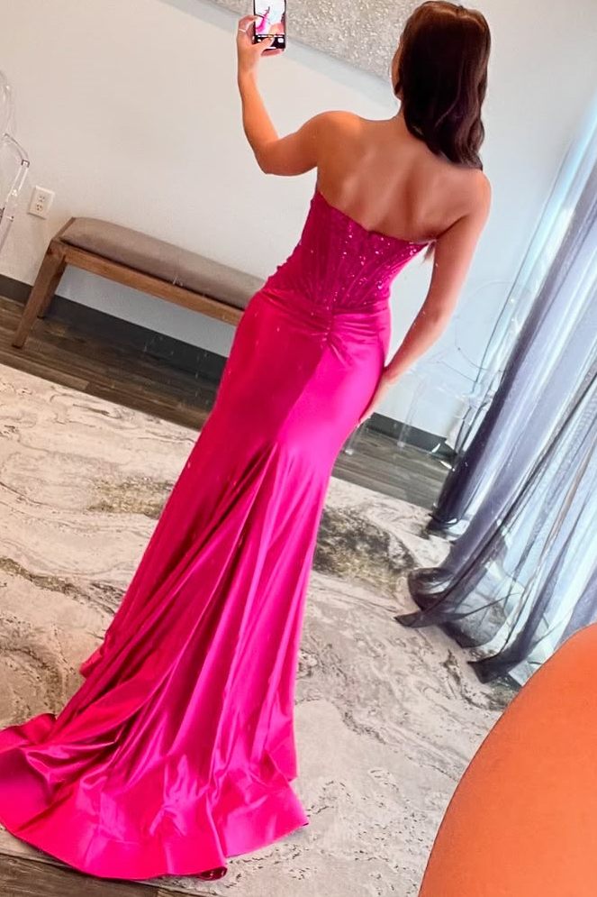 Strapless Scoop Pleats High Slit Mermaid Sleeveless Long Prom Dress