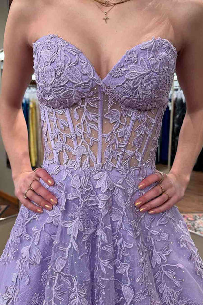 Lilac A-Line Strapless Lace Appliques Empire-Waist Tulle Long Prom Dress