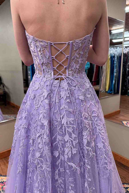 Lilac A-Line Strapless Lace Appliques Empire-Waist Tulle Long Prom Dress