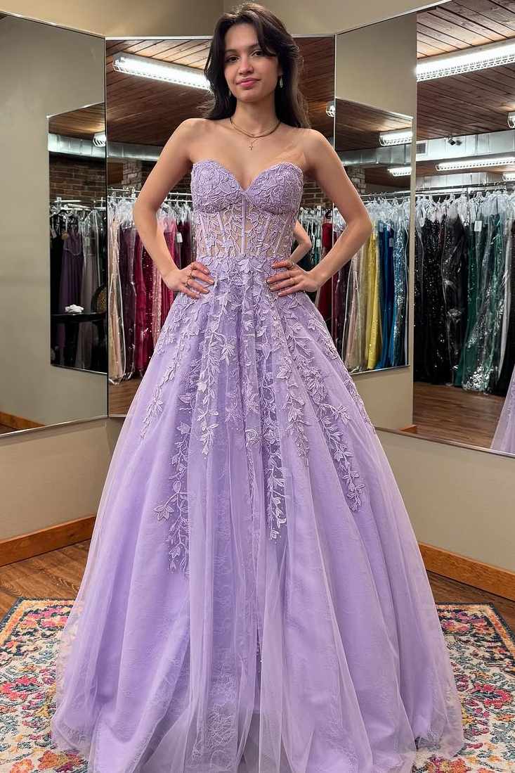 Lilac A-Line Strapless Lace Appliques Empire-Waist Tulle Long Prom Dress