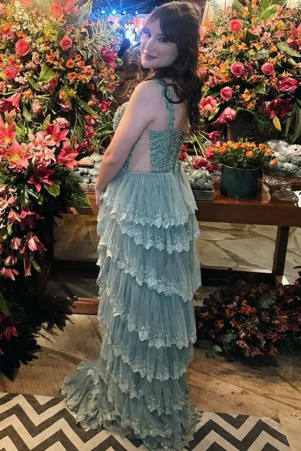 A-Line Empire-Waist Straps Layered Appliques Sleeveless  Long Prom Dress