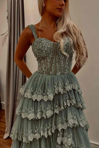 A-Line Empire-Waist Straps Layered Appliques Sleeveless  Long Prom Dress
