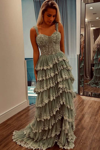A-Line Empire-Waist Straps Layered Appliques Sleeveless  Long Prom Dress