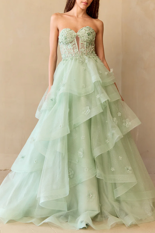Stunning A-Line Strapless Ruffles Appliques Empire-Waist Long Prom Dress